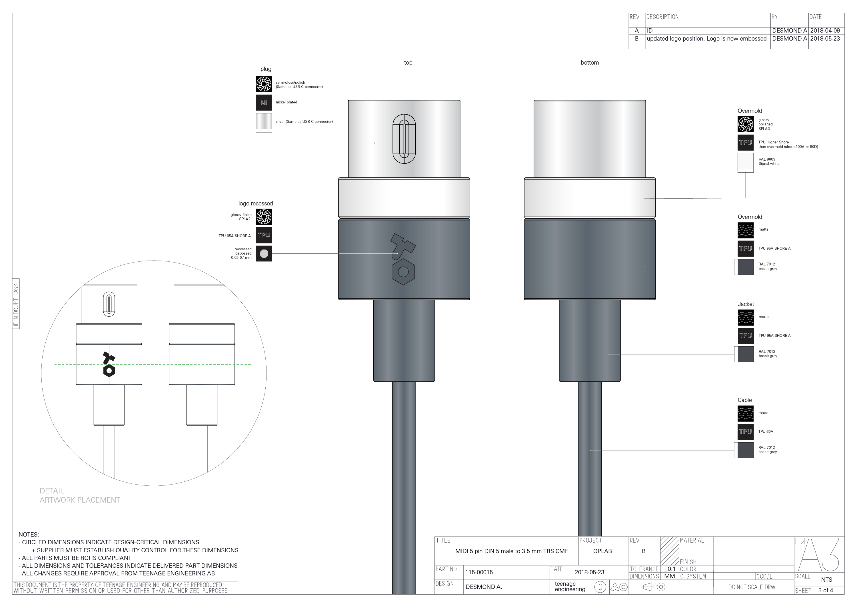 Color Material Finish Document Show design of the teenage engineering MIDI cables series design by Desmond Arsan